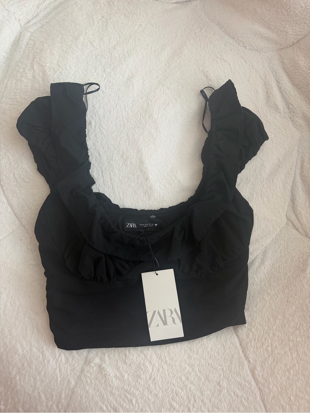 Zara Black‎ Ruffled Square-Neck Crop Top